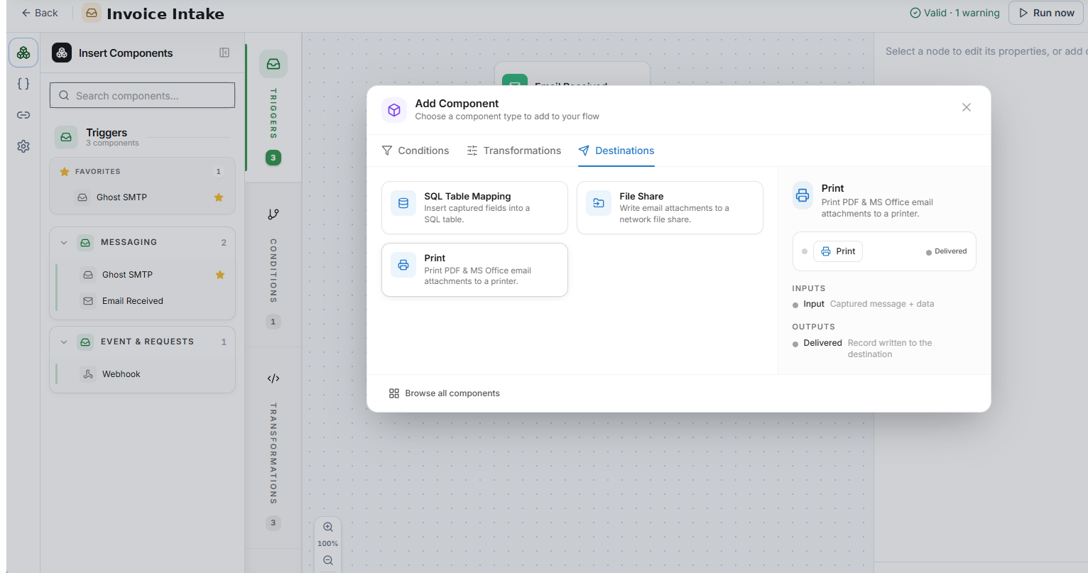 Data Capture flow designer — a component palette of triggers, conditions, transformations and destinations for routing inbound data to SQL, a file share or print